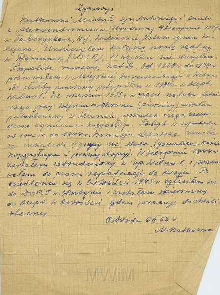 KKE 5495.jpg - Dok. Życiorys Michała Katkowskiego, Ostróda, 6 II 1962 r.